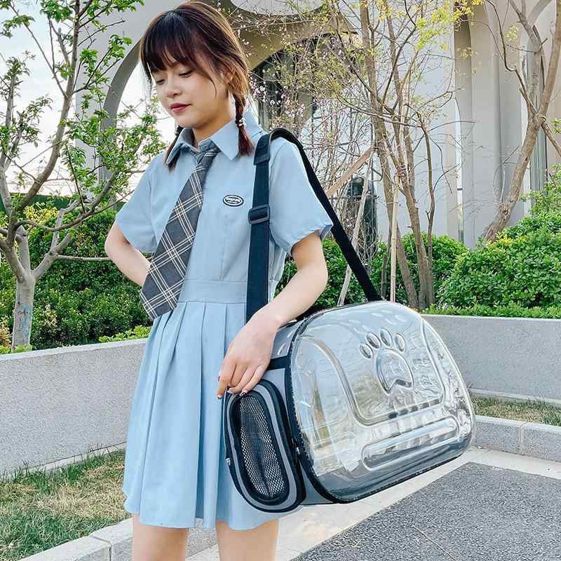 ペットバッグ 猫犬 折りたたみ 透明 斜めがけ 手提げ ショルダー 通気性 大型 EVA PC素材 中硬 無地 ピンク ライトブルー グレー 外出