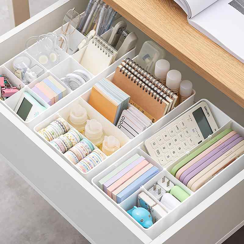 文房具 収納ボックス デスクオーガナイザー 引き出し 仕切り 透明 日式 シンプル プラスチック 無蓋 積み重ね 取り外し仕切り 書斎 寝室 雑貨 小物 白 青 ピンク