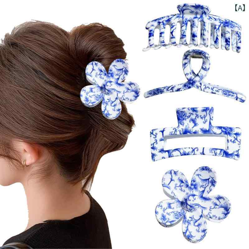 ヘアークロー レディース レトロ 青花柄 ブルー ホワイト 中国風 髪爪 4個セット ...