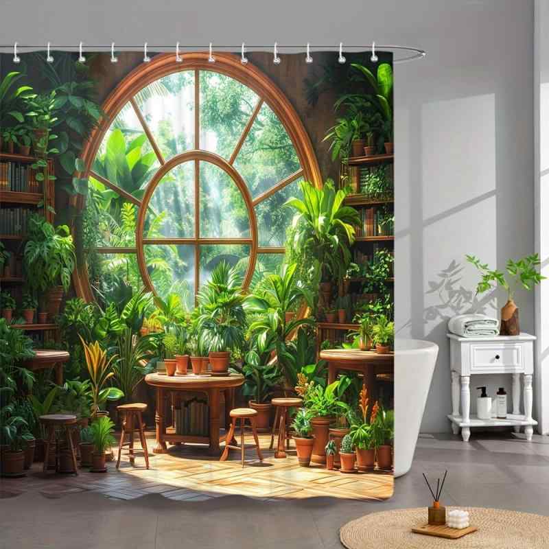 シャワーカーテン バスカーテン フック付き トロピカルジャングル柄 活気ある緑植物 陽光窓柄 ポリエステル モダン シンプル 深紅 おしゃれ 浴室