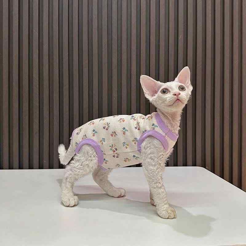 猫服 猫用 スフィンクス デボンレックス 無毛猫向け 夏用 ベスト タンクトップ ノースリーブ 小花柄 パープル 冷え対策 通気性 軽量 薄手 ポリエステル素材
