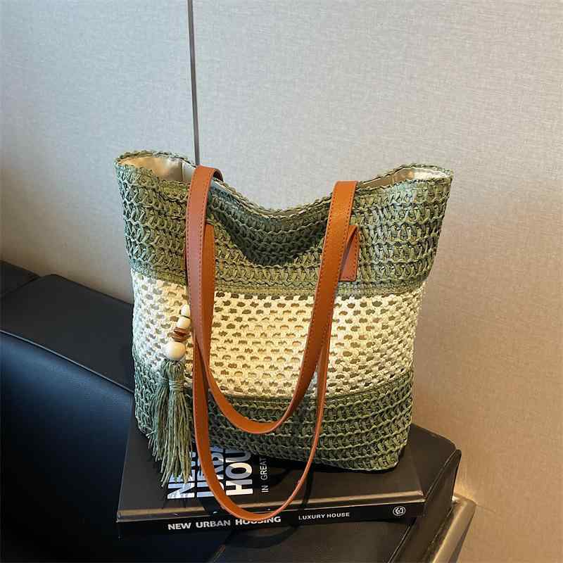 トートバッグ レディース 草編み 大容量 春夏 ショルダー 通勤 普段使い 鞄 縦型 方形 中型 ソフト ジッパー カードポケット ダブル肩紐 ポリエステル 裏地 ブラウン ベージュ グリーン