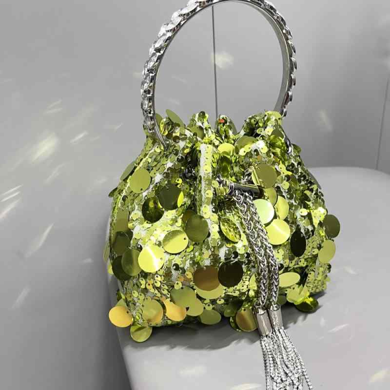 VANESSA BRUNO - 水桶バッグ レディース メタル ハンド ショルダー ミニサイズ スパンコール キラキラパーツ ポリエステル 爽やか スイート かわいい 黒 銀 シャンパン 普段使い パーティー 夏