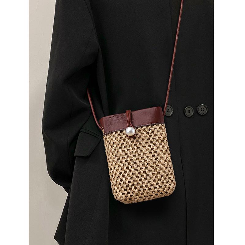Shoulder Bags - 編みバッグ レディース 春夏 ミニ ショルダーバッグ バケツ型 軽量 普段使い ブラウン ポリエステル ソフト 織物裏地 シングルストラップ 内ポケット ロック ストリート