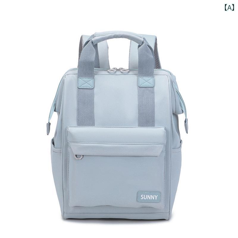 Men'S Bag - リュックサック 女の子 中高生 学生 カジュアル 大容量 軽量 普段使い 旅行 ママバッグ ナイロン 防水 15インチ PC収納 無地 ステッチ ツートンカラー 曲線肩紐 爽やか かわいい 青 黒 ピンク