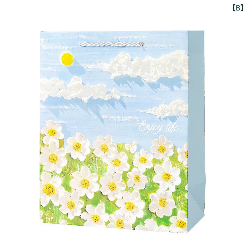 ふんわり暮らし鞄店のギフト紙袋 子供 油絵風 立体 プリンセス 王子 花柄 天空 ピンク パープル ライトブルー 白カード紙 誕生日 子供の日 幼稚園卒業 包装 ラッピング｜アングル2