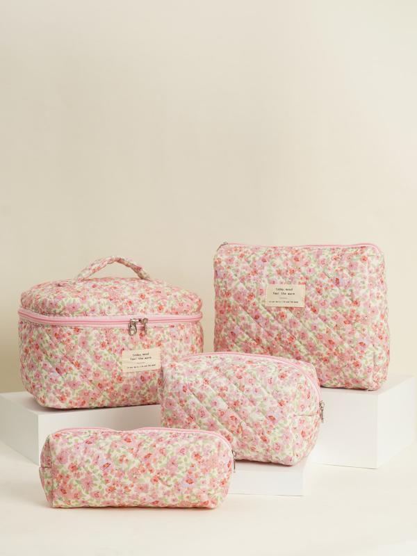 Rakuten - 化粧ポーチ レディース 大容量 キルティング 小花柄 ピンク グリーン イエロー 4点セット 手提げ 内袋 ペンケース 綿 超軽量 ポリエステル裏地 普段使い 旅行