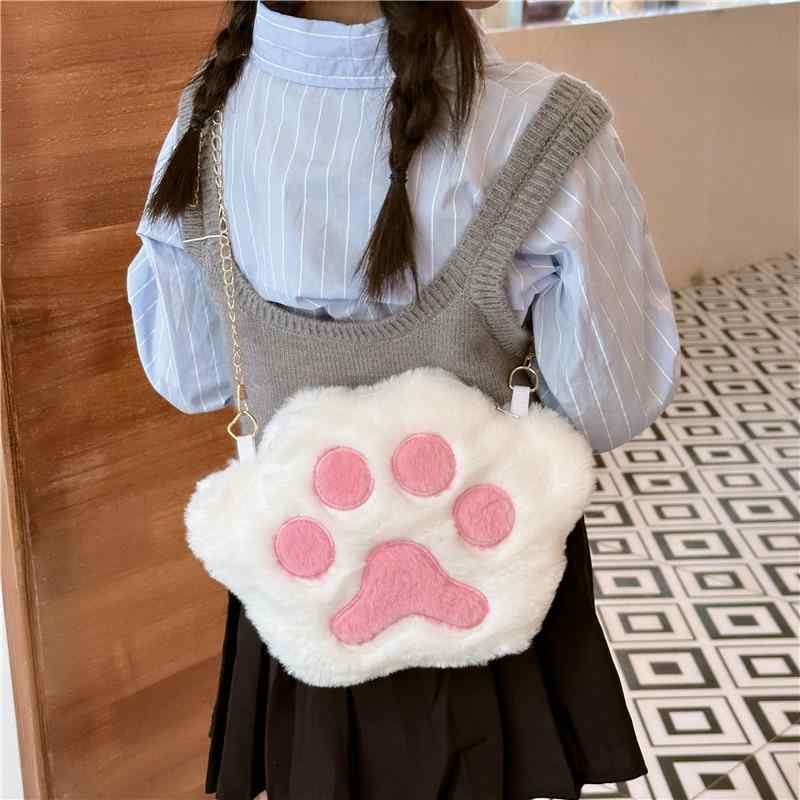 乐天商城 - キッズバッグ 女の子 秋冬 ぬいぐるみ 猫爪 チェーン ショルダー ミニ 小銭入れ 超軽量 プラッシュ素材 ポリエステル コントラストカラー かわいい 幼稚園 普段使い お出かけ 白 灰 茶