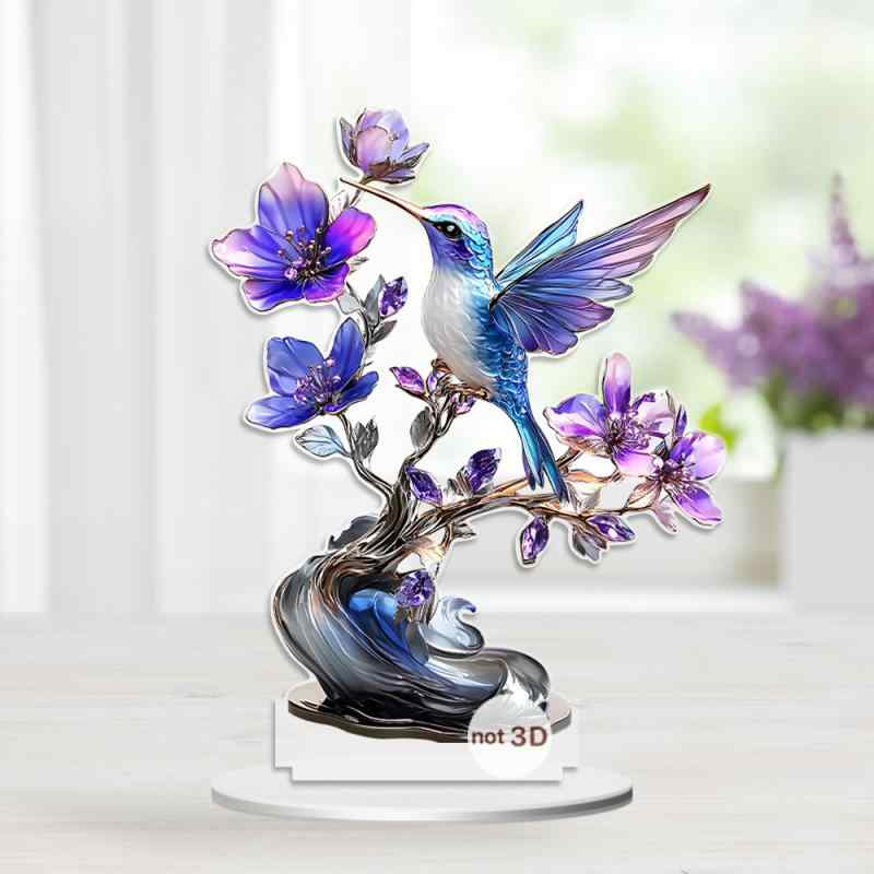 置き物 春 アクリル 紫色の花と小鳥 2Dデザイン ユニーク かわいい 卓上飾り デス...