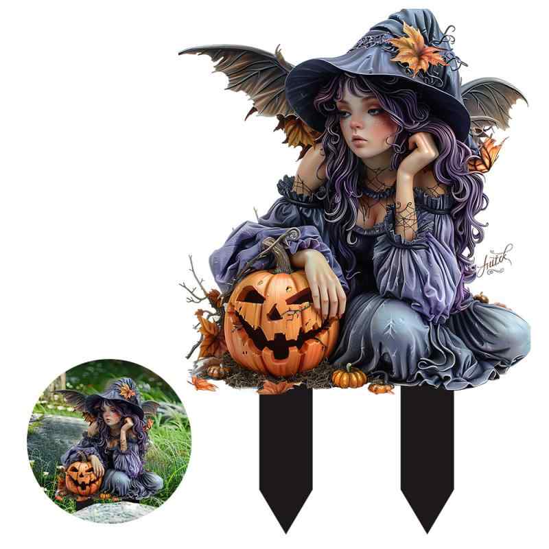 ガーデンプレート 魔女 パンプキン 紫髪 魔法使い アクリル製 屋外 庭 ハロウィン ...
