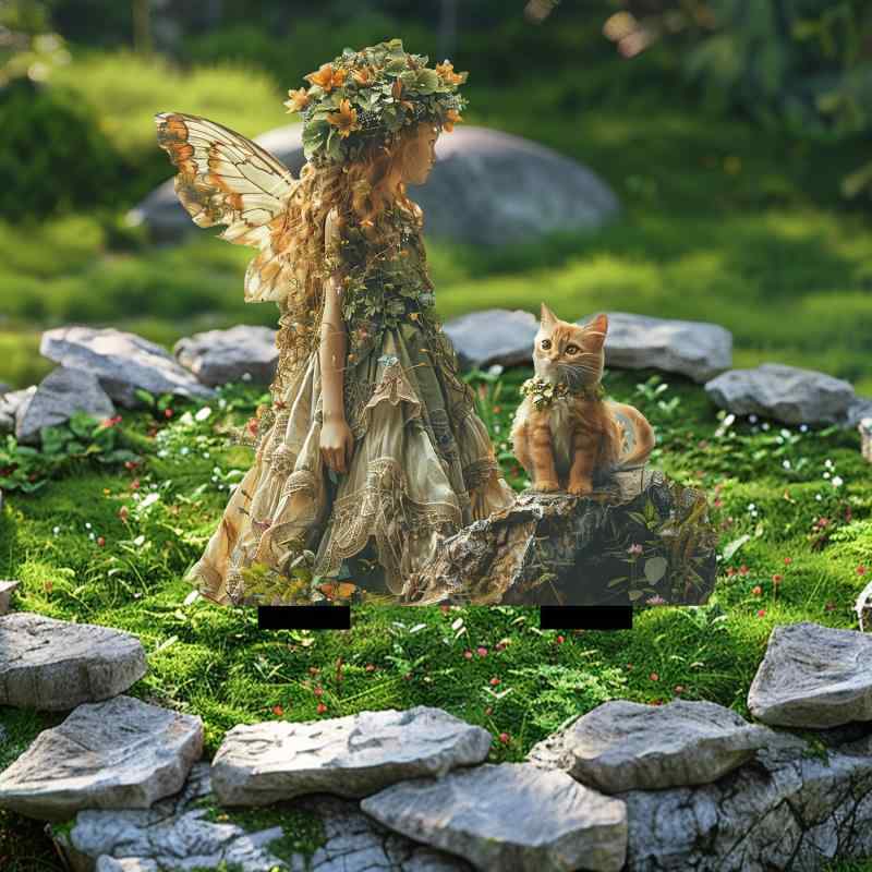 ガーデンピック アクリル 妖精 女の子 猫 庭 芝生 屋外用 庭園 オーナメント 差し込み式 カントリー風 かわいい 鉢植え ガーデニング雑貨