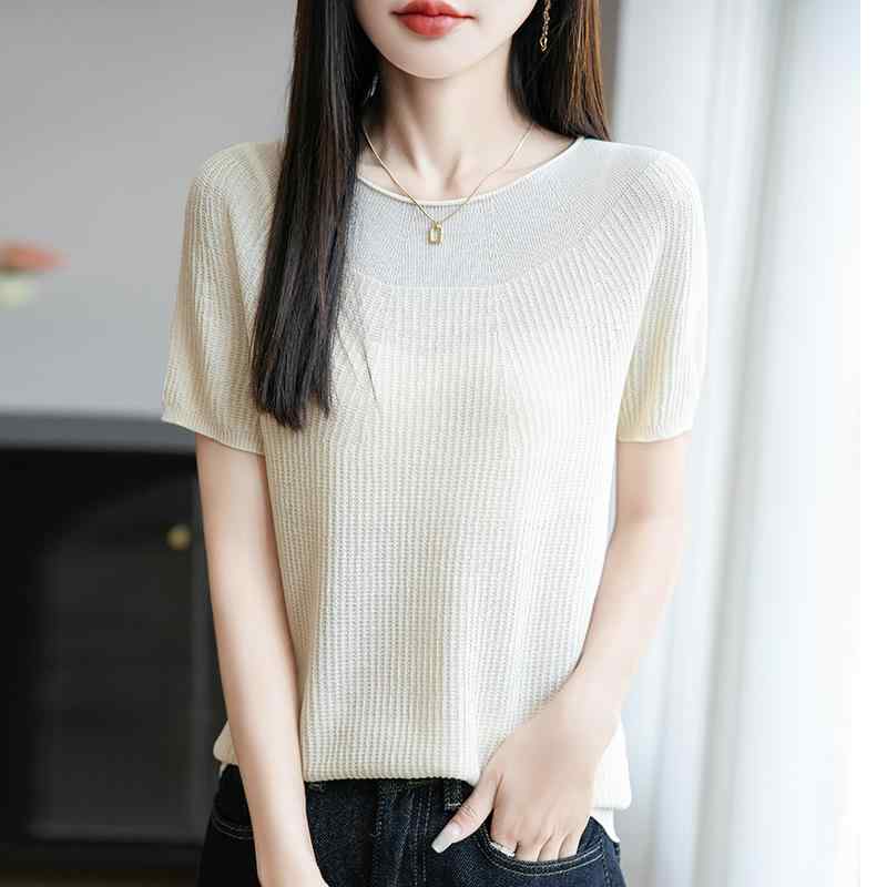 Long-Sleeved Knit - ニット レディース サマーニット 麻 リネン 韓国風 ラウンドネック 丸首 ロールヘム 半袖 薄手 軽量 無地 シームレス プルオーバー 春夏 きれいめ ゆったり オフィス カジュアル