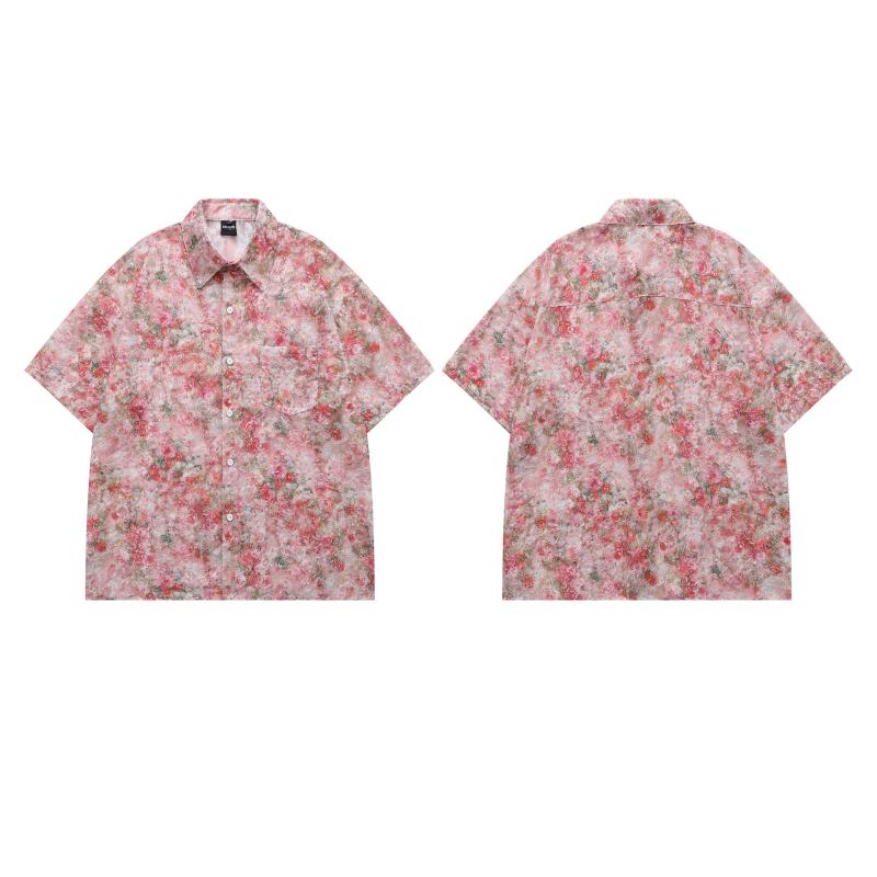 Short Sleeves （Shape Holding） - シャツ 男女兼用 花柄 ジャガード 半袖 ゆったり オーバーサイズ ビッグシルエット リラックス 開襟 カジュアル 普段使い カップル 春夏 ポリエステル レッド アメカジ