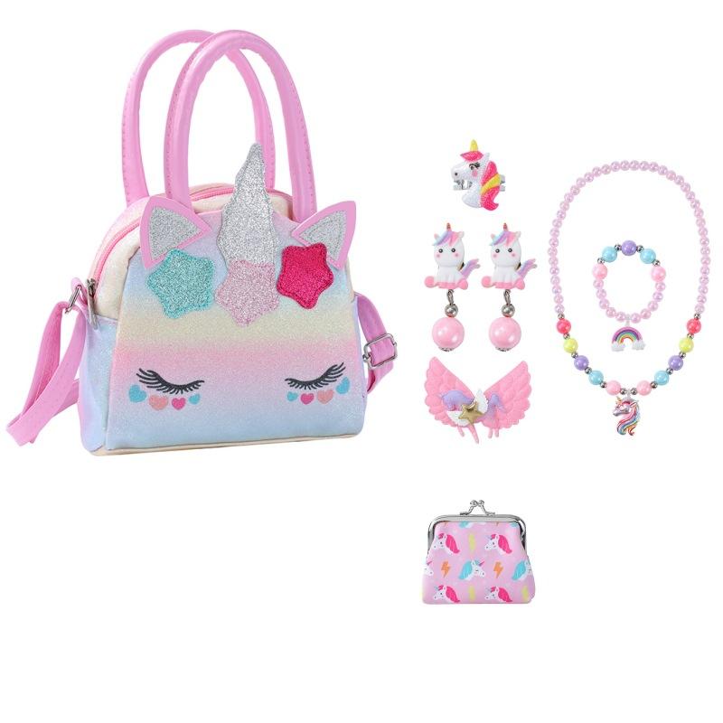 アクセサリーセット 子供 ユニコーン ネックレス ブレスレット 指輪 ピアス ショルダーバッグ かわいい カートゥーン 樹脂 ビーズチェーン ハート 水滴 鈴 星型