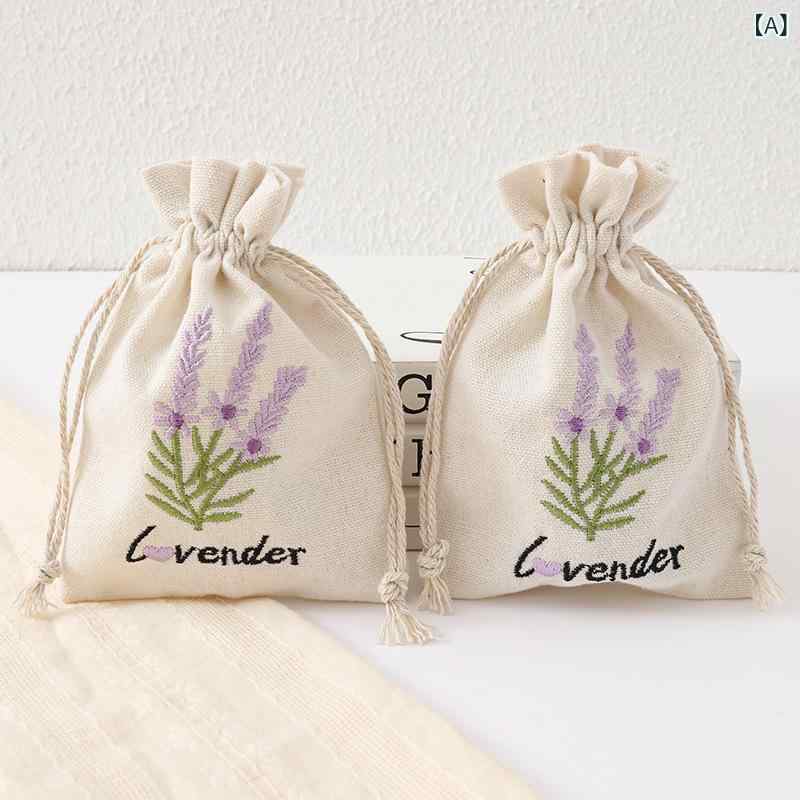 Other - 巾着袋 刺繍入り 帆布 麻布 ラベンダー柄 収納ポーチ アクセサリー ジュエリー 首飾り 小物包装 キャンバス 麻 白 かわいい おしゃれ ナチュラル ラッピング 普段使い