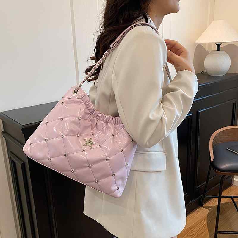 水桶バッグ レディース チェーン付き ジルコニア柄 レトロ ハンド トート ショルダー 斜めがけ 中型 PU ステッチ マグネット スマホポケット 立体ポケット ソフト カジュアル シンプル シティ 普段使い 夏 黒 白 ピンク(4.0)