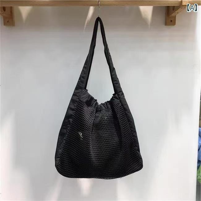 乐天商城 - トートバッグ メンズ レディース メッシュ 透け ナイロン 大容量 親子 ショルダー 普段使い ストリート カジュアル 黒 グレー ダークカーキ 縦型 スクエア ソフト マグネット 単肩 春