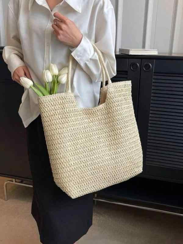 トートバッグ レディース 草編み 紙素材 編み込み 大容量 縦型 ボックス型 春夏 ビーチバッグ 通勤 普段使い シンプル ストリート ベージュ ブラウン ジッパー カードポケット やわらか ポリコットン 裏地