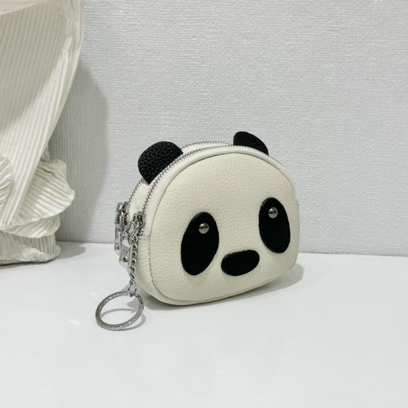 コインケース メンズ レディース 牛革 小銭入れ ソフト 小型 二層 ジッパー コンパクト パンダ柄 ステッチ バイカラー 切り替え かわいい 1つ折り ポリエステル 黒 白 ブラウン