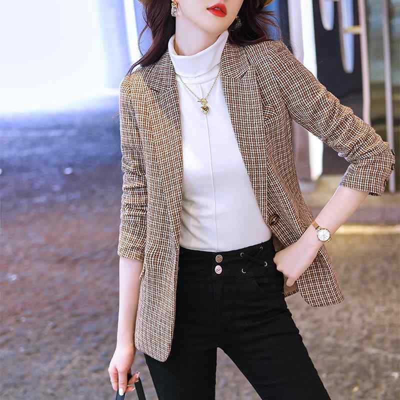 Skirt Suits - ジャケット レディース 格子柄 チェック柄 レトロ ブリティッシュ 上品 オフィス 通勤 ビジネス カジュアル テーラードカラー 1つボタン 長袖 ミドル丈 ポリエステル素材 秋冬 ブラック ベージュ
