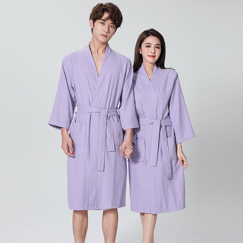乐天商城 - 浴袍 男女兼用 薄手 吸水 速乾 カップル バスローブ ガウン ローブ 和風 浴衣 寝間着 パジャマ ルームウェア ホテル 旅館 民宿 部屋着 お風呂上り 綿混 コットン ポリ 春夏 ホワイト パープル ライトグレー グリーン ブルー ピンク