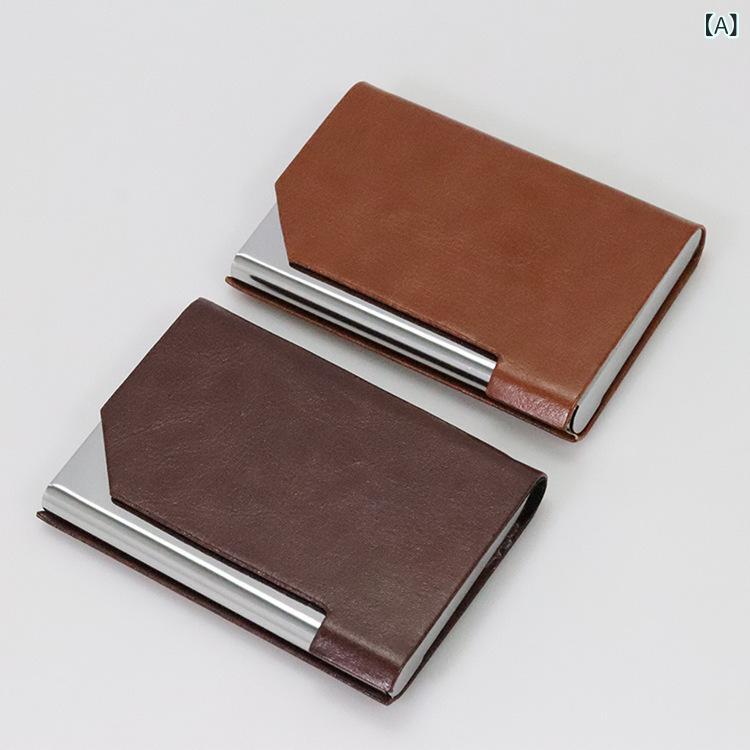 ・主な素材: PU/ステンレス・寸法: 97×65×12mm・形状: 人物・収納容量: 約20枚名刺・カラー展開: コーヒー色、深棕色