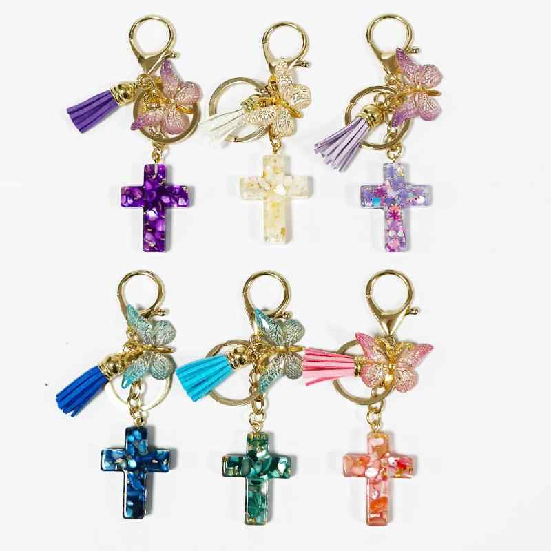キーリング メンズ レディース レジン クロス 蝶 白 青 ピンク タッセル フリンジ ...