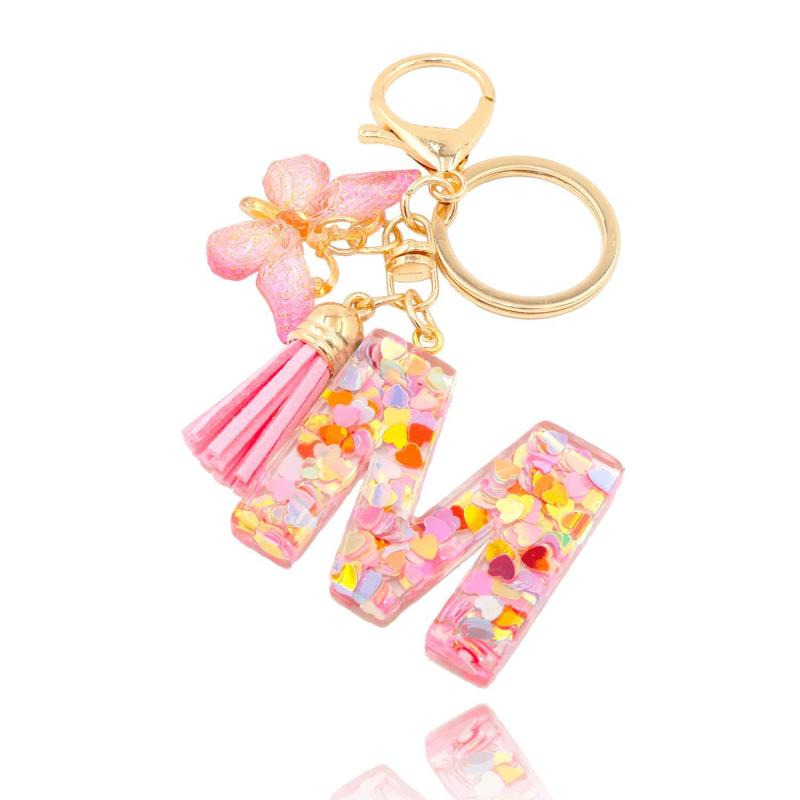 キーホルダー レディース ピンク ハート アルファベット スパンコール バタフライ タッセル クリスタル レジン チャーム おしゃれ かわいい キラキラ