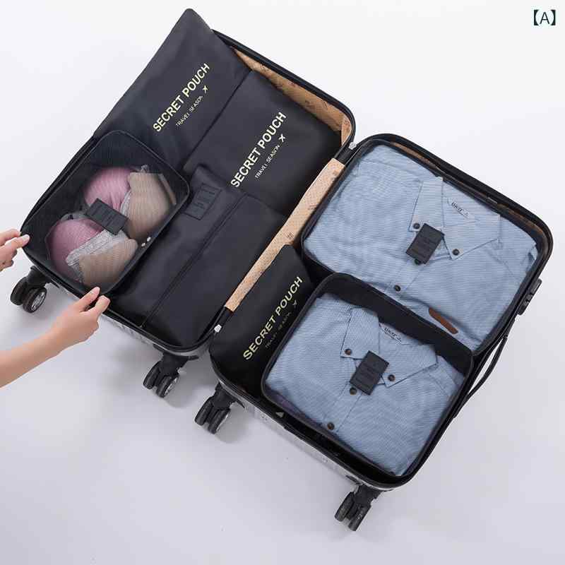 旅行 収納ポーチ 7点セット オックスフォード生地 立方体型 整理袋 下着 化粧品 靴 衣物 洗面用品 出張 黒 グレー ネイビー シンプル