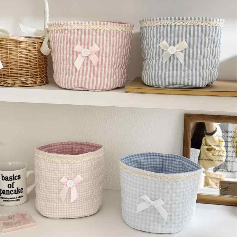 収納かご 女の子 かわいい レース 円筒形 卓上 雑物整理 文具 薬 カード 鞄 綿 バレエ風 ハンドメイド ピンク ブルー ストライプ チェック