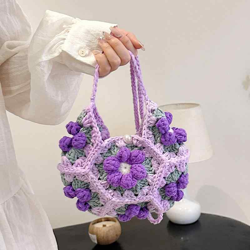 乐天商城 - 編み込みバッグ 草編み 花柄 ショルダー 斜め掛け 中型 横型 方形 毛糸裏地 切り替え ツートン ホック スマホポケット オープンポケット 単ストラップ 春 紫 白 茶 普段使い かわいい 爽やか