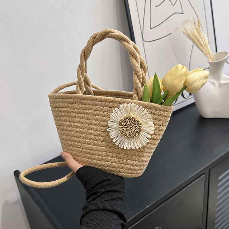 乐天商城 - かごバッグ レディース 草編み 花柄 編み込み 水桶型 小型 横型方形 片肩掛け 斜めがけ ビーチ リゾート 夏 普段使い ステッチ 切り替え アイボリー カーキ