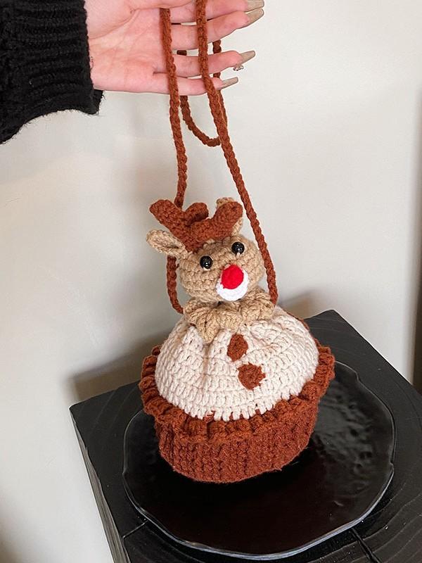 編みバッグ ミニ ショルダー レディース クリスマス トナカイ クリスマスツリー 小鹿 サンタクロース かわいい 冬 普段使い 柔らかい ニット 小型 スマホポケット