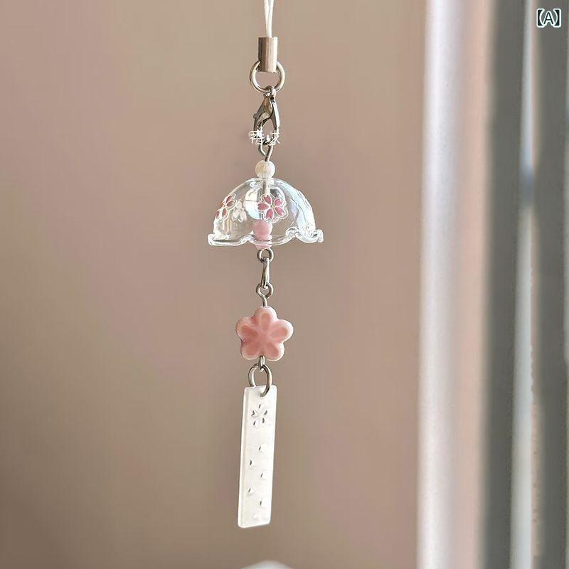 キーホルダー スマホチェーン バッグチャーム アクセサリー 手作り ビーズ 桜 風鈴 長方形 四角形 かわいい シンプル おしゃれ 普段使い 鍵飾り