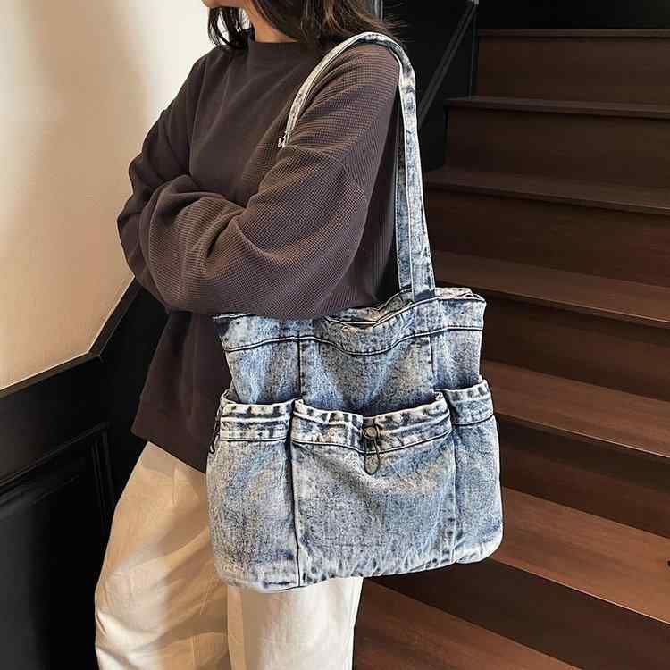 Rakuten - トートバッグ レディース 黒 ブルー デニム キャンバス ショルダー ハンドバッグ 通勤 普段使い 女子大生 授業 バイク レトロ 切り替え 中型 横長 スクエア ジッパー ソフト ポリエステル 裏地 スマホポケット 立体ポケット