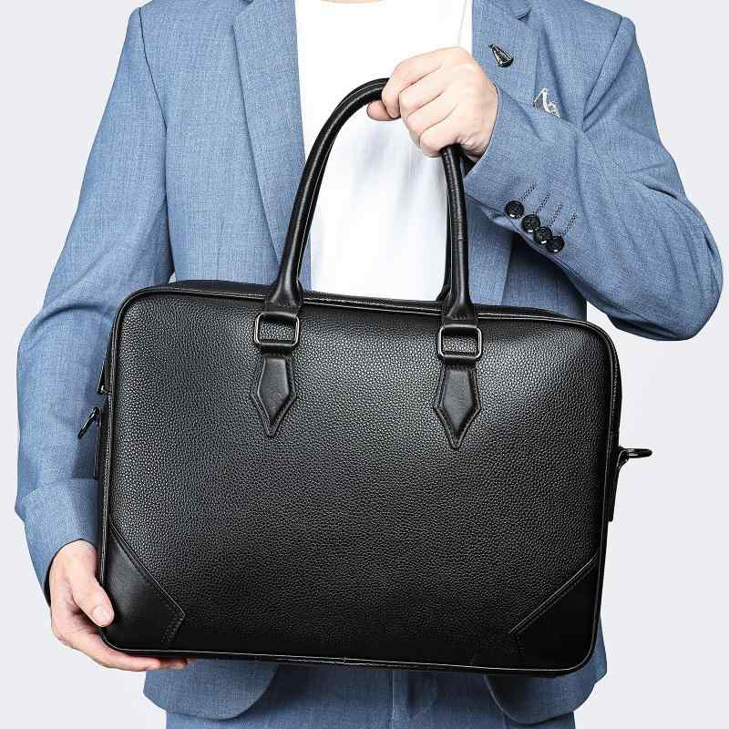 Attache Case - ビジネスバッグ メンズ 頭層牛革 大容量 黒 15インチPC収納 耐摩耗 手提げ ブリーフケース 公文包 ビジネスカジュアル 通勤 出張 ステッチ ポリコットン 裏地 シンプル