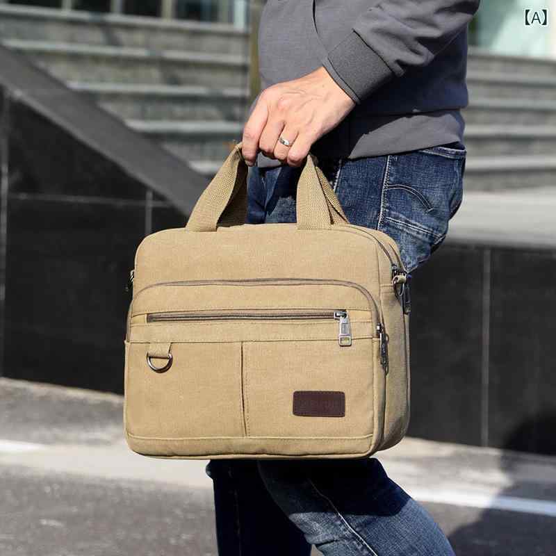 公文包 メンズ 帆布 キャンバス 横型 ブリーフケース ビジネスバッグ ノートパソコン 収納 片肩 斜めがけ 通勤 ビジネス出張 通気性 無地 ステッチ カーキ 黒 軍緑