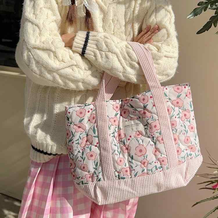 トートバッグ ストリート 綿 切り替え レトロ花柄 白 ピンク オレンジ 通勤 普段使い お弁当バッグ 整理バッグ ソフト 中型 横型方形 帆布内張り マグネット開閉 秋