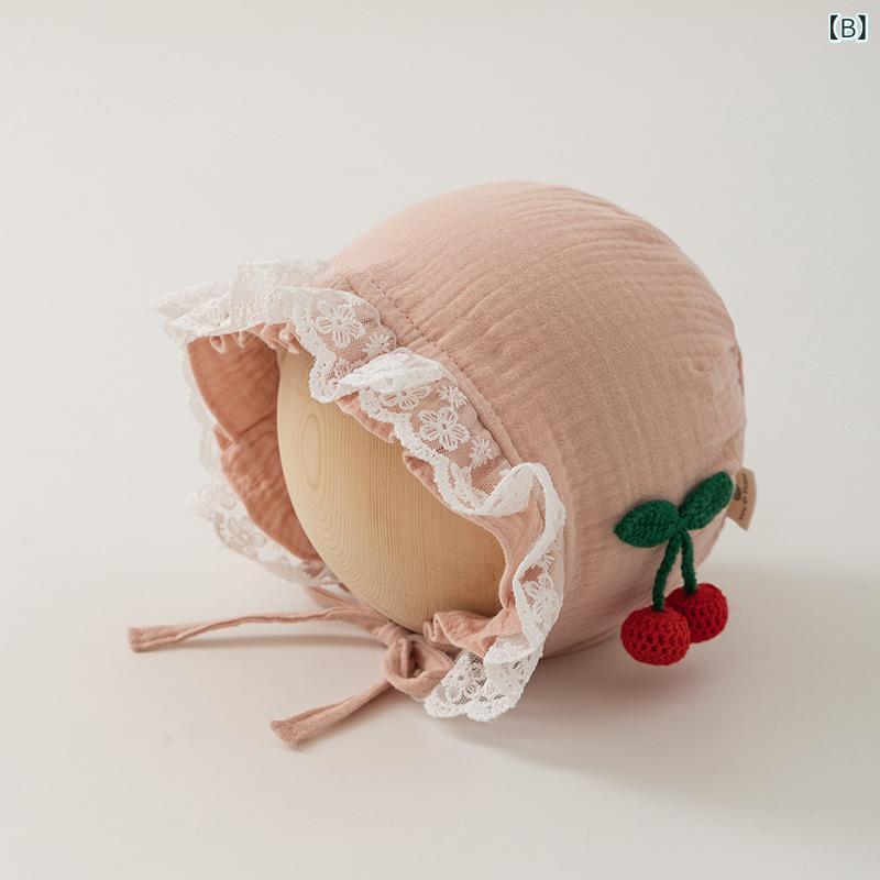 ベビー帽 男の子 女の子 赤ちゃん 乳幼児 プリンセス リボン レース チェリー柄 フルーツ柄 かわいい スイート 綿 通気性 UVカット 日よけ 秋 ピンク ベージュ ブルー 3