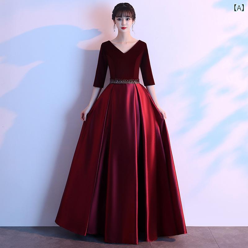 ふんわり暮らし鞄店のドレス レディース ロング丈 合唱 演奏会 発表会 舞台 司会 指揮者 フォーマル Aライン ベロア 深Vネック 半袖 ミドルウエスト ポリエステル ワインレッド ブラック ブルー グリーン｜アングル2