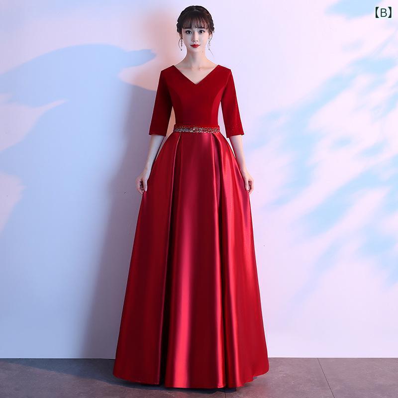 ふんわり暮らし鞄店のドレス レディース ロング丈 合唱 演奏会 発表会 舞台 司会 指揮者 フォーマル Aライン ベロア 深Vネック 半袖 ミドルウエスト ポリエステル ワインレッド ブラック ブルー グリーン｜アングル3