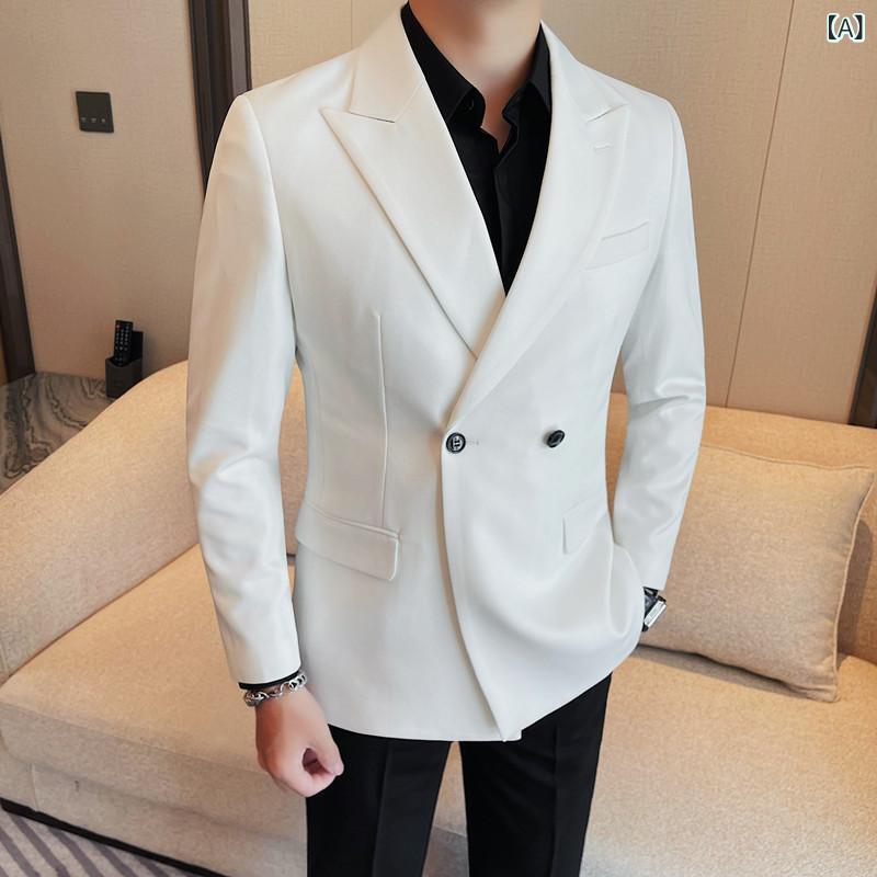 ふんわり暮らし鞄店のジャケット メンズ 男性用 ダブルブレスト ブレザー アウター スリムフィット ピークドラペル 無地 しわになりにくい 綿混 ポリエステル ビジネス カジュアル 通勤 オフィス 長袖 秋冬 黒 白 赤｜アングル2