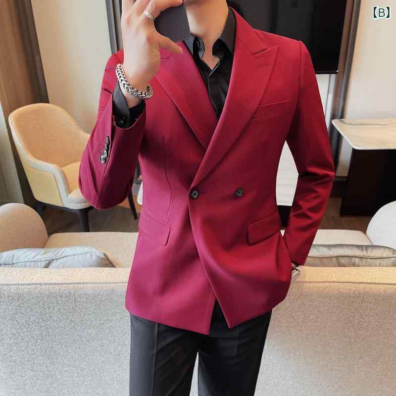 ふんわり暮らし鞄店のジャケット メンズ 男性用 ダブルブレスト ブレザー アウター スリムフィット ピークドラペル 無地 しわになりにくい 綿混 ポリエステル ビジネス カジュアル 通勤 オフィス 長袖 秋冬 黒 白 赤｜アングル3