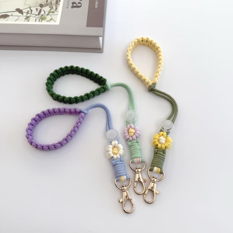 ストラップ スマホ 携帯 キー 鍵 水筒 手編み デイジー 花柄 かわいい 落下防止 紛失防止 長さ調節 リストバンド 手首掛け 丈夫 コットン 韓国風 オルチャン おしゃれ アクセサリー
