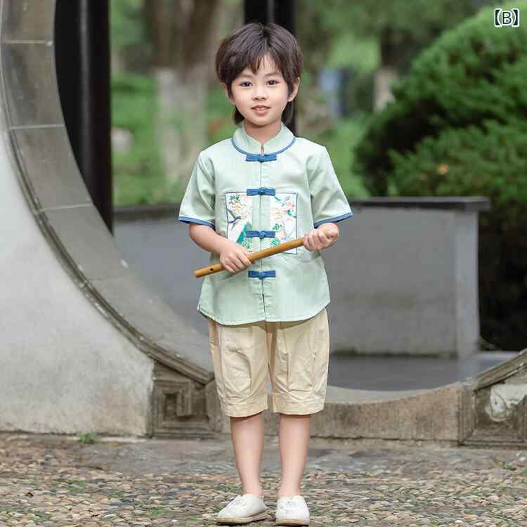 ふんわり暮らし鞄店のセットアップ キッズ 男の子 漢服 チャイナドレス風 半袖 トップス パンツ 薄手 涼しい コットンリネン イベント 発表会 お祭り レトロ 中国風 グリーン ホワイト｜アングル3