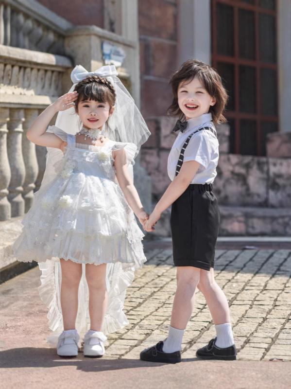 乐天商城 - ドレス キッズ 女の子 ワンピース プリンセス 発表会 結婚式 子供 ロリータ ノースリーブ ホワイト フォーマル セレモニー 七五三 お誕生日会