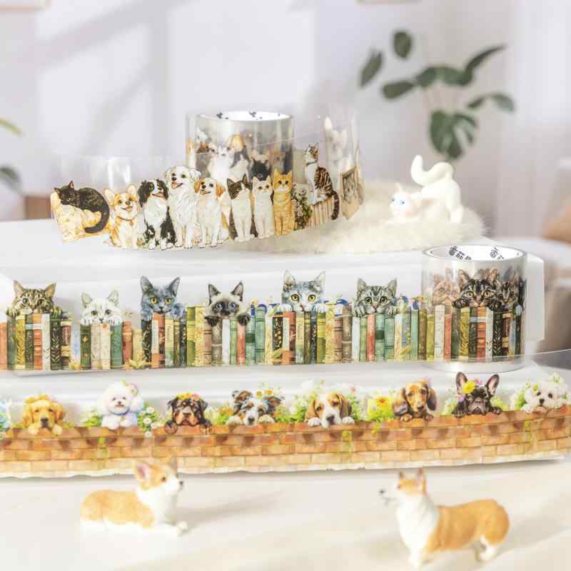 マスキングテープ PET素材 貼ってはがせる デコレーションテープ 手帳 シール かわいい 犬 猫 動物 3m