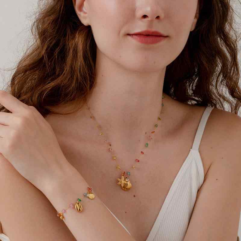 Women's Jewelry Set: Necklace, Bracelet, and Anklet (2-piece set) - 18K Electroplated, Surgical Stainless Steel, Hypoallergenic, Starfish and Shell Motif, Colored Stones, Chain, Cute, Beach Style.