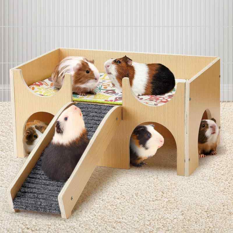 ペットハウス 小動物用 木製 ハウス 階段付き 2階建て 遊び場 隠れ家 ハムスター モルモット 運動不足解消 おもちゃ ケージ内装飾 四季通用 室内用 組立式
