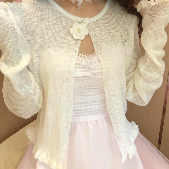 Rakuten - カーディガン レディース 長袖 春夏 接触冷感 シアー ニット フリル 薔薇 クルーネック 前開き ショート丈 薄手 日焼け防止 スリット糸 フレンチスタイル